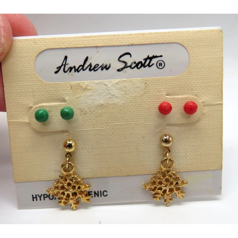 Andrew Scott Christmas Holiday Snowflake‎ Dangle & Stud Earrings Set of 3 Pairs